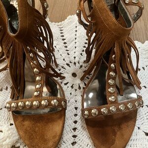 Guess Galiena Brown suede Fringe Studded Women's Sandals heels 7.5